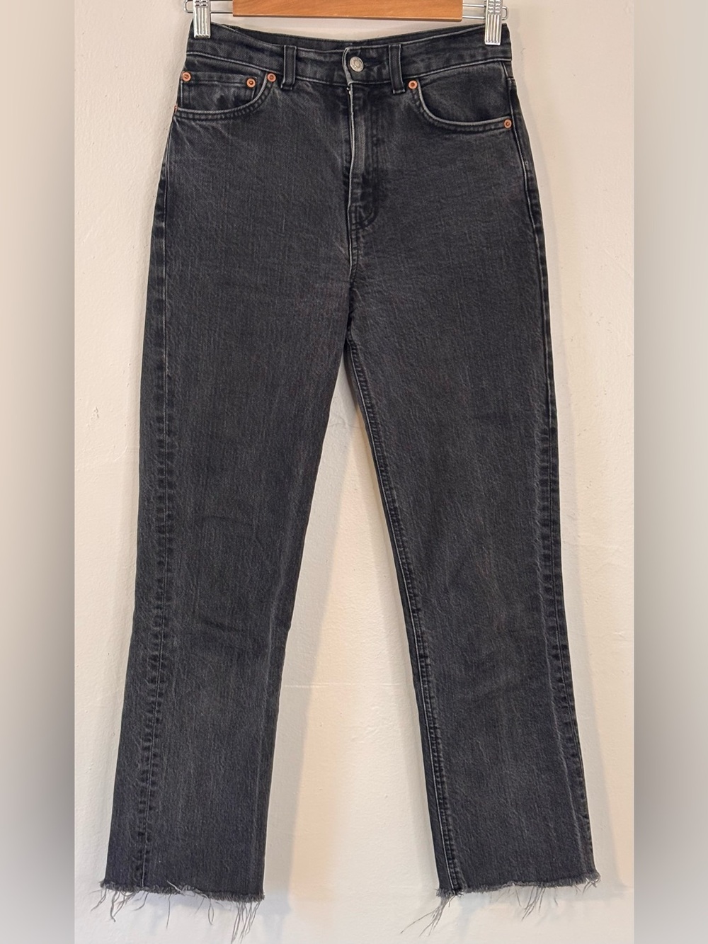 ASOS Straight Leg High Waisted Washed Black Jeans Size 25 Frayed Hem